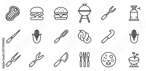 Outline Icons Set Barbecue and Grill Elements for Summer Picnic Party and Outdoor Cooking Fun