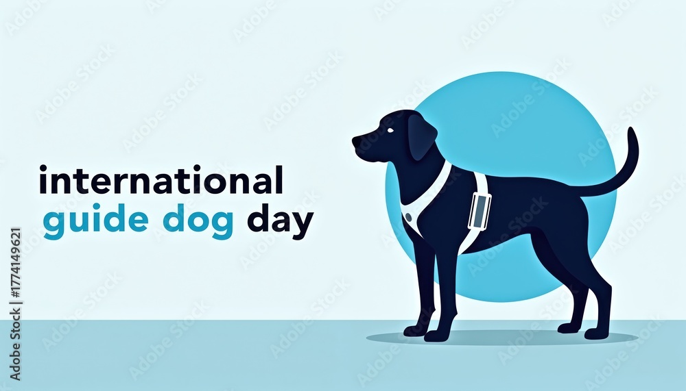 Obraz premium Minimalist illustration for International Guide Dog Day. A dark silhouette of a guide dog wearing a harness stands against a blue circle. Text reads International Guide Dog Day.