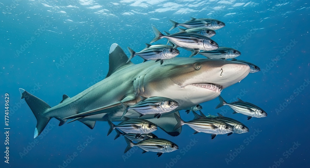 Fototapeta premium Oceanic Whitetip Shark Swimming with Pilot Fish in Clear Blue Water.