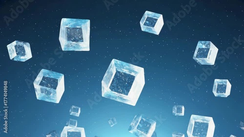 Abstract blue technology background with squares and a set of computer icons illustrating internet and network communication design