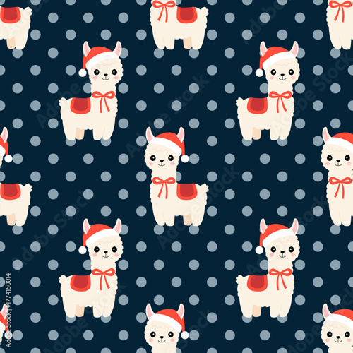Cute Christmas lama pattern with Santa hat and red bow on dark blue polka dots background.