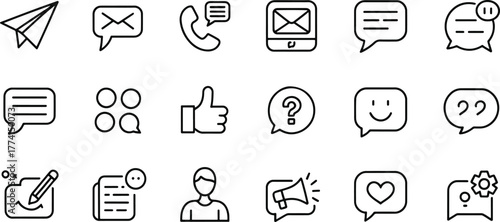 Set of vector icons representing communication methods for digital devices and online presence conveying interaction
