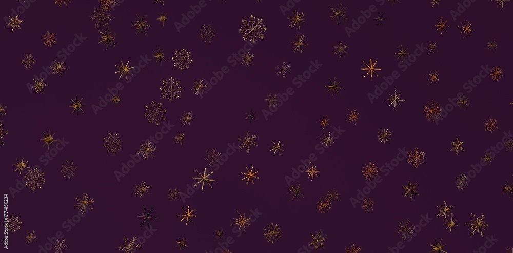Fototapeta premium Abstract gold snowflakes on a deep purple backdrop. Perfect for seasonal designs, Christmas cards, and festive backgrounds. Ideal for events and