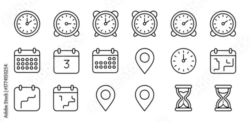 Time management icons for productivity planning including clocks calendar location pins and hourglass designs offering scheduling and reminders