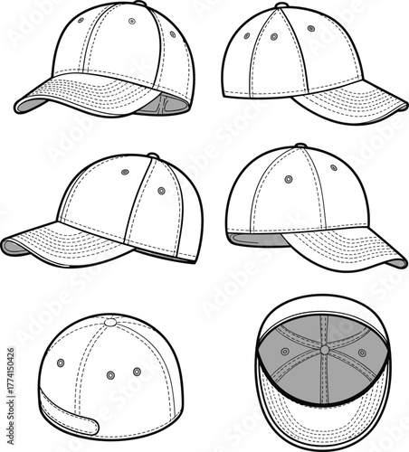 Baseball cap design illustration, multi-angle views, stitching and panel details, adjustable strap mockup, headwear template, cad drawing flat vector illustration