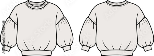 Balloon sleeve sweatshirt technical sketch, front and back view fashion drawing, ribbed neckline cuffs hem, garment flat template, apparel design vector, cad drawing flat vector illustration
