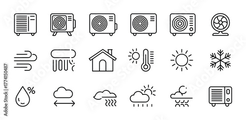 Weather and Climate Control Icons Collection Featuring Air Conditioning and Weather Elements for Forecasting Applications and UI Design