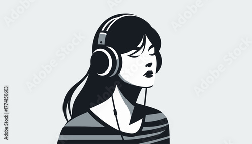 Girl listening music with headphones, modern design
