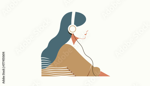 Girl listening music with headphones, modern design