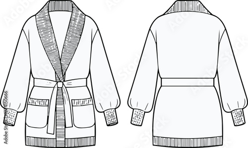 Quadro su tela Cardigan sweater design illustration, shawl collar, belt closure, patch pockets,