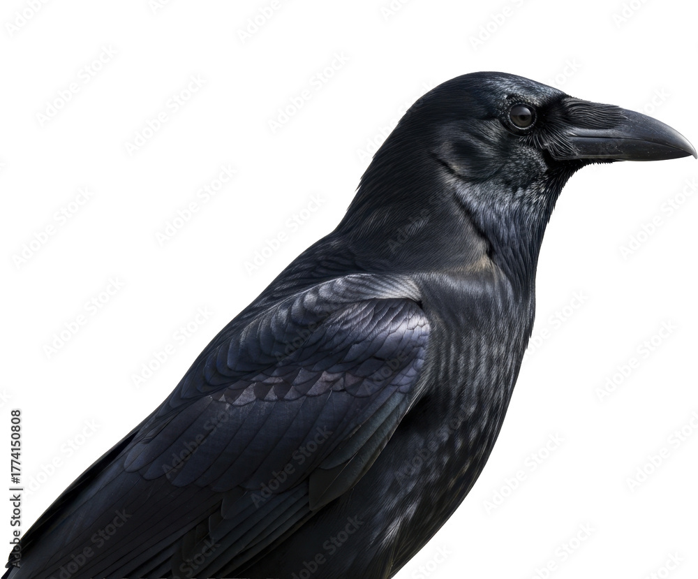 Obraz premium Common Raven Close Up on a Transparent Background PNG File Wild Bird Looking Right