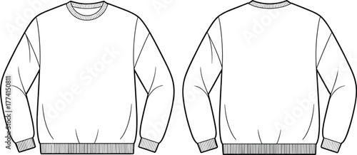Crewneck sweatshirt front and back view, ribbed cuffs and hem sketch, fashion flat drawing, clothing vector outline, cad drawing flat vector illustration