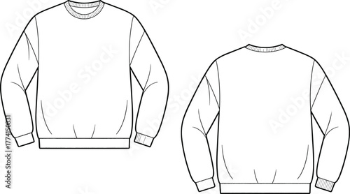 Crewneck sweatshirt front and back view, ribbed cuffs and waistband sketch, fashion flat drawing, clothing vector outline, cad drawing flat vector illustration