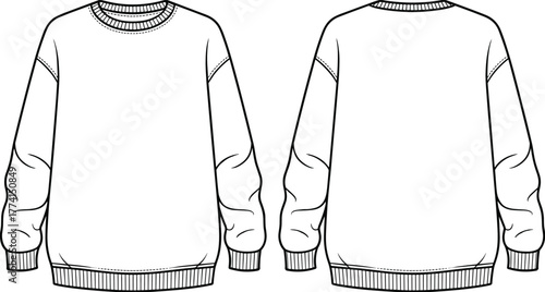 Crewneck sweatshirt technical sketch, front and back view fashion drawing, ribbed neckline cuffs hem, garment flat template, apparel design vector, cad drawing flat vector illustration