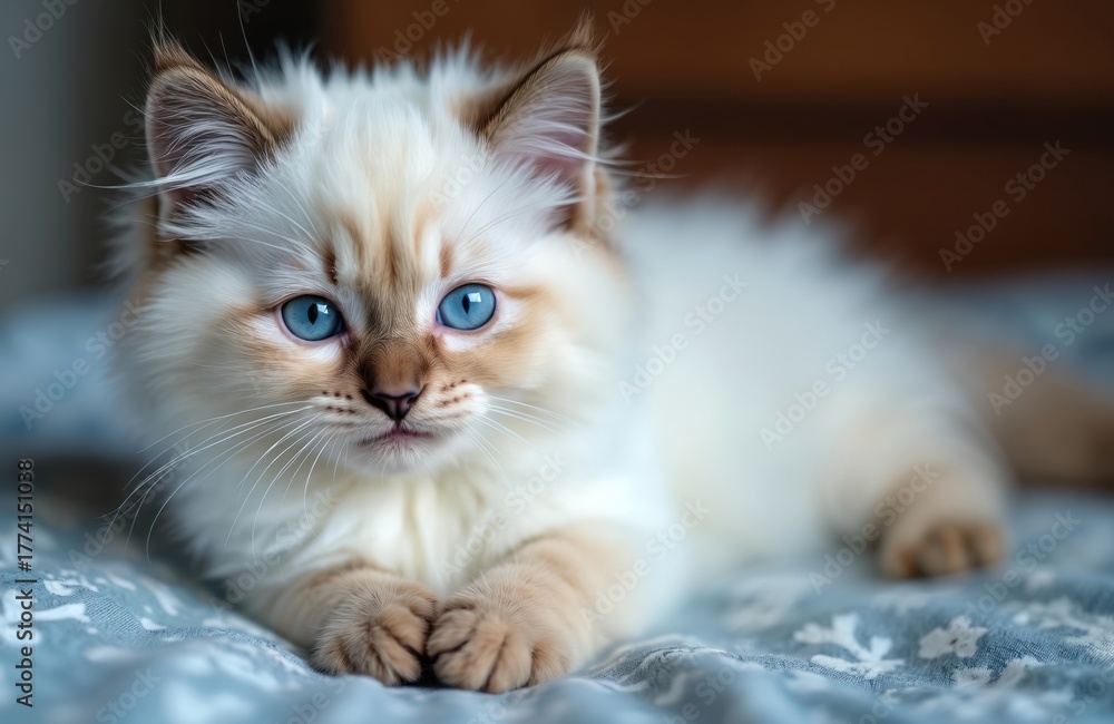 Obraz premium Adorable Ragdoll kitten lies on blanket. Beautiful cat has bright blue eyes. Fluffy pet looks at camera. Cute domestic animal enjoys home comfort. Kitten portrait in soft light.