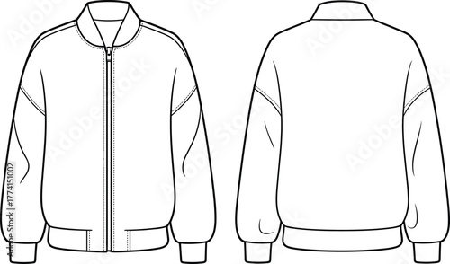 Dropped shoulder zip-up jacket technical sketch, front and back view fashion drawing, ribbed collar cuffs hem, garment flat template, apparel vector, cad drawing flat vector illustration
