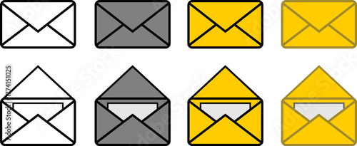 Versatile digital message envelope icons. Features closed and open mail states in flat design, with white, grey, and yellow variations for communication, email, web apps, and interfaces