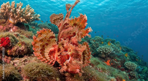 Fototapeta Naklejka Na Ścianę i Meble -  Scorpionfish camouflaged on a vibrant coral reef underwater.
