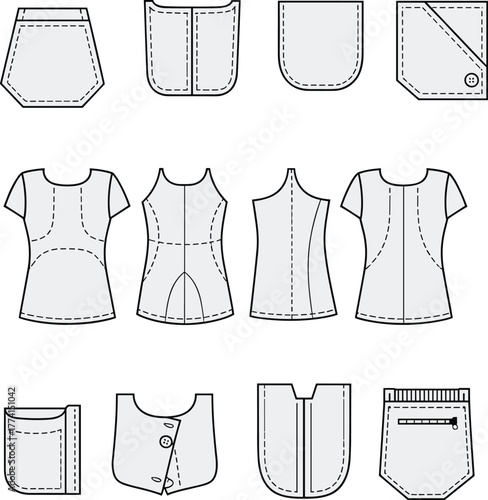 Garment component illustration set, pockets, bodice patterns, closures, fashion construction elements, sewing template mockup, cad drawing flat vector illustration