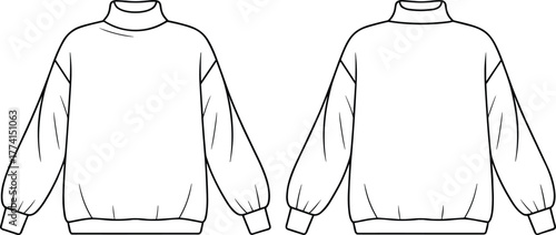 High collar sweatshirt front view, ribbed cuffs and waistband sketch, fashion flat drawing, clothing vector outline, cad drawing flat vector illustration
