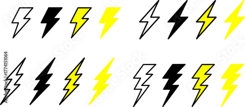 Set of lightning bolt icons in various styles including black, yellow, and outline versions. Vector graphic collection of thunder and electricity symbols, Petir.eps file