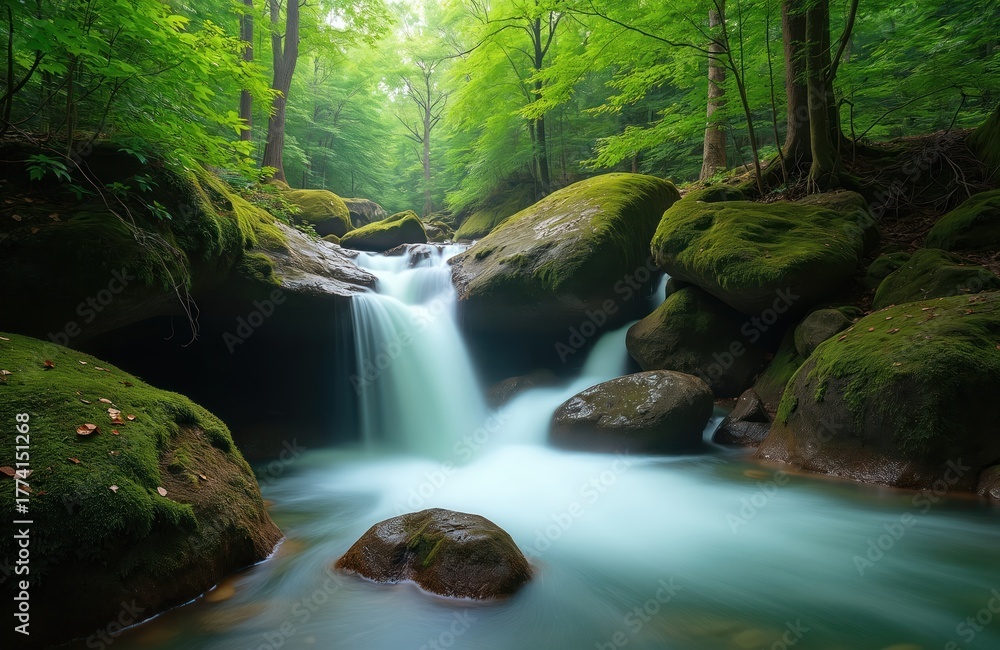 Obraz premium Small waterfall flows among green forest trees. Water stream falls down from mossy rocks. Landscape of nature with cascade in woodland. Long exposure photo shows flowing water.