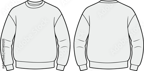 Light gray crewneck sweatshirt front and back view, ribbed cuffs and hem sketch, fashion flat drawing, clothing vector outline, cad drawing flat vector illustration