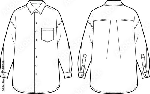 Long sleeve button-up shirt front and back view, chest pocket and box pleat sketch, fashion flat drawing, clothing vector outline, cad drawing flat vector illustration