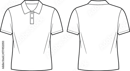 Polo shirt technical sketch, short sleeve front and back view fashion drawing, garment flat template, apparel design vector, cad drawing flat vector illustration