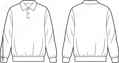 Pullover polo shirt front and back view, ribbed cuffs and waistband sketch, fashion flat drawing, clothing vector outline, cad drawing flat vector illustration