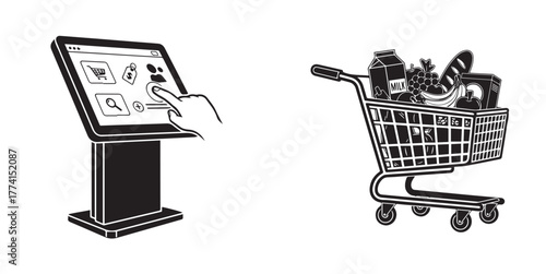 Black and White Vector Art of Touchscreen Kiosk and Grocery Cart