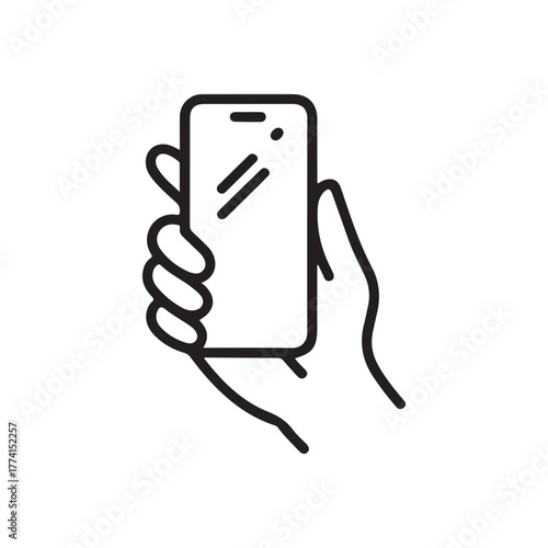 Hand holding a smartphone vector outline illustration mobile technology and communication device modern digital lifestyle app usage and internet connection
