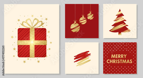 Festive Christmas card designs with gift, ornaments, tree, and greeting.