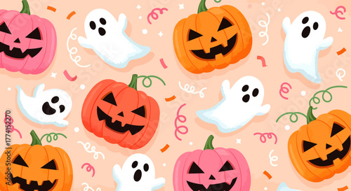 Halloween pattern with pumpkins and ghosts on a beige background.