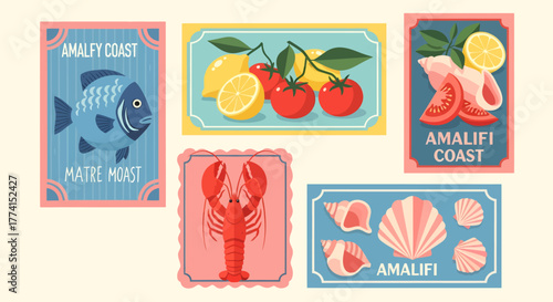 A collection of vintage-style food posters featuring seafood, lemons, and tomatoes, evoking the Amalfi Coast.