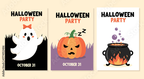 Halloween party invitation cards with ghost, pumpkin and cauldron.
