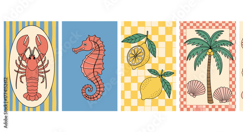 Summer themed illustrations of lobster, seahorse, lemons and palm tree.