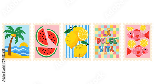 Five colorful postage stamps with summer and Italian themes.
