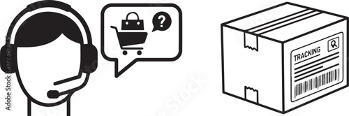 Black and White Customer Support and Delivery Tracking Illustration