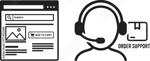 Minimalist Black White E-commerce Website and Order Support Vector Icons