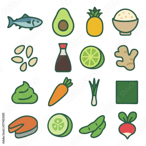 Sushi Ingredients in a Graphic Display: A delightful arrangement of essential ingredients, artistically presented in a vibrant and eye-catching graphic composition.