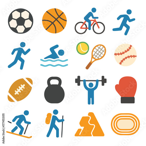 Diverse Sports Icon Collection: A vibrant compilation of iconic sport symbols, capturing the essence of various athletic pursuits and activities.