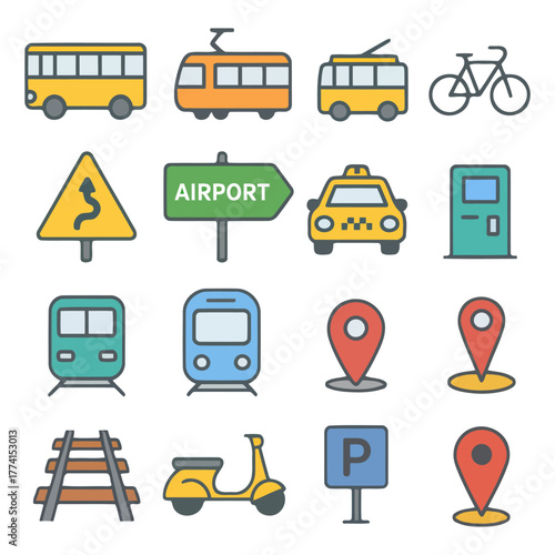 Transportation Icons: A vibrant collection of transportation icons, each carefully crafted to represent various modes of travel and navigational aids.