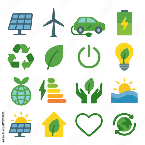 Sustainable Energy Icons: A collection of modern and vibrant icons representing renewable energy sources and eco-friendly practices.