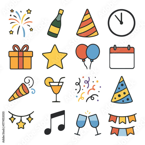 Festive Celebration Icons: A collection of vibrant icons, representing party essentials, from celebratory fireworks to festive party hats, and joyous balloons. Capturing the spirit of joy and revelry.