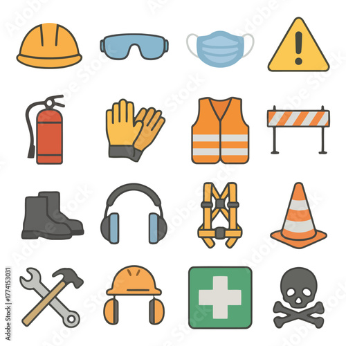 Safety Gear Icons: A comprehensive collection of safety gear icons, including essential equipment for workplace safety. Representing protection, prevention, and compliance in various industries.