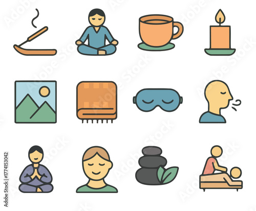 Serene Wellness Icons: A set of simple yet elegant icons depicting various aspects of relaxation, mindfulness, and well-being. Capturing the essence of calm and rejuvenation. 
