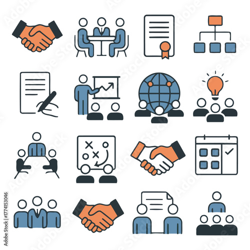 Business Icons: A curated collection of business icons that serve as visual metaphors for concepts and tasks, such as collaboration, agreement, presentation, and team work.