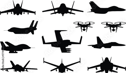 Aircraft silhouette icon set, fighter jet and drone shapes, military aviation visual, aerial vehicle grid, tactical flight design, vector style