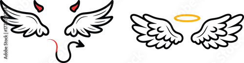 Angel and devil wings, symbolic contrast illustration, halo and horns, good versus evil, black white design, spiritual concept, duality art, moral symbolism